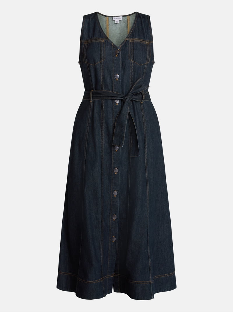 sleeveless denim dress uk Scenario Women's and Women's Plus Midi Dress, Sizes XS-4X Perfect For A Stylish Size:6-Pack Holiday Outfits Black Waist Belt with