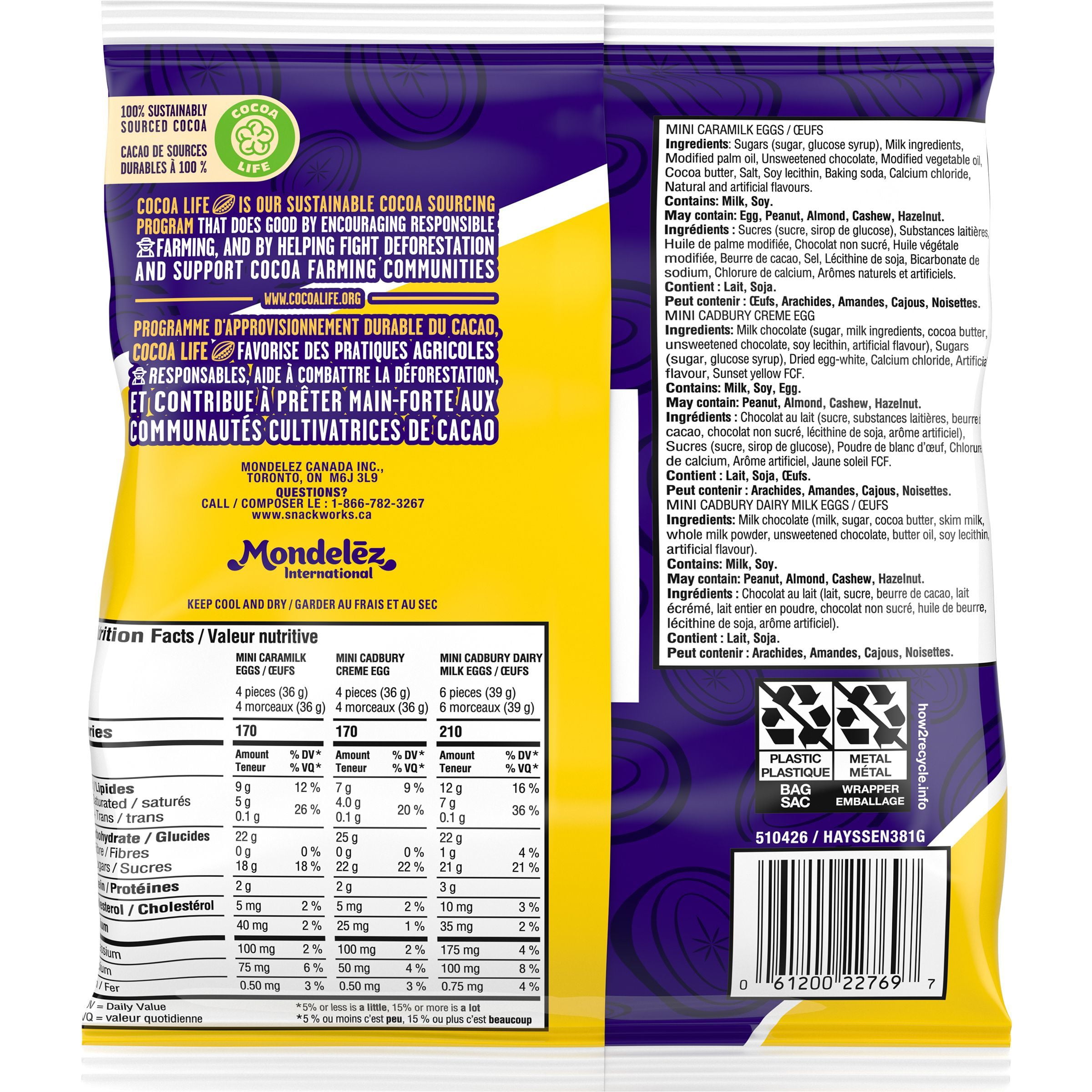 Cadbury, Assortiment de mini-œufs de Pâques en chocolat, emballés individuellement, Préparé au Canada