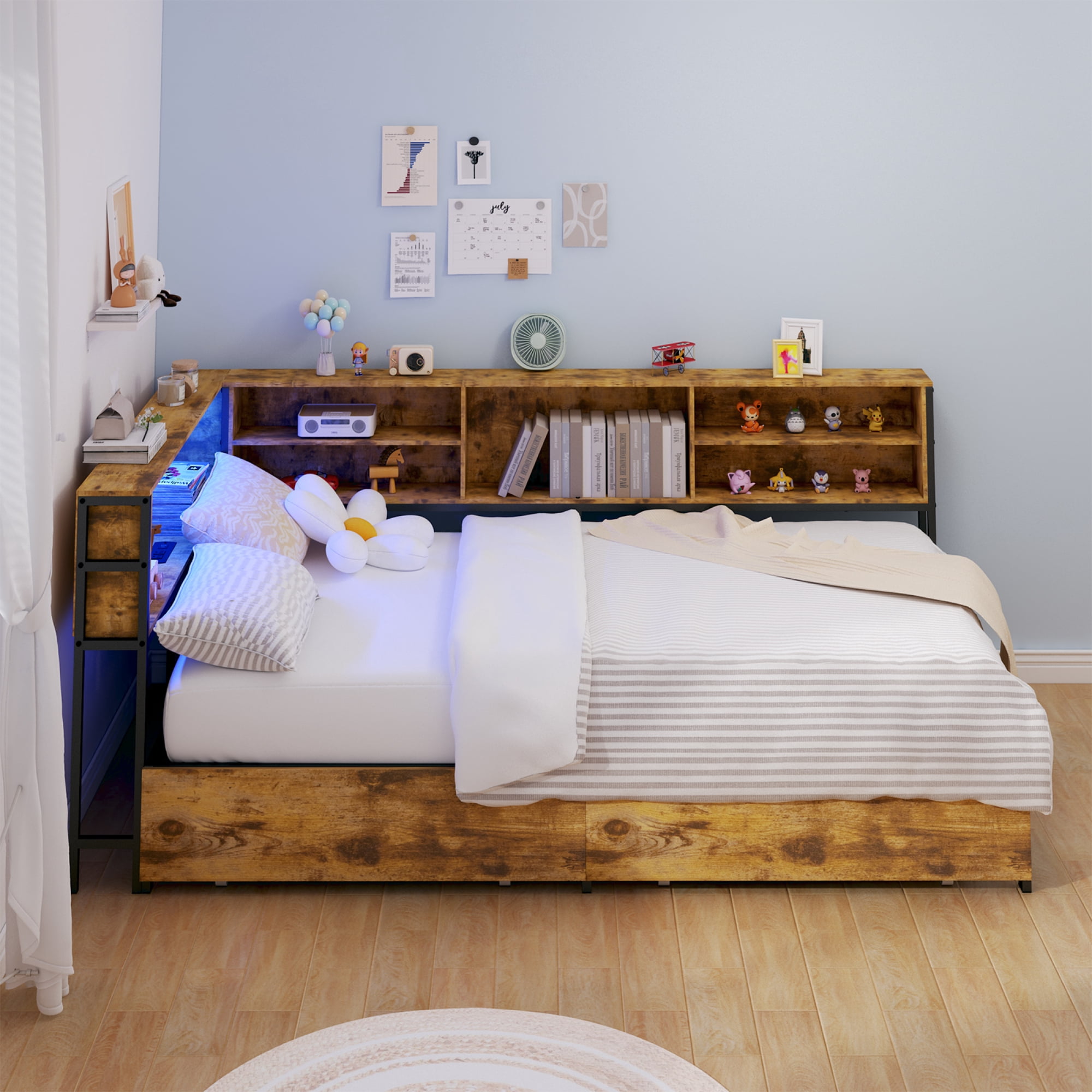 Leumius Corner Twin Bed Frame with Storage Drawers, Bookcase Headboard, LED Lighting & USB Charging Station,Twin Size Daybed for Kids Teens,Brown