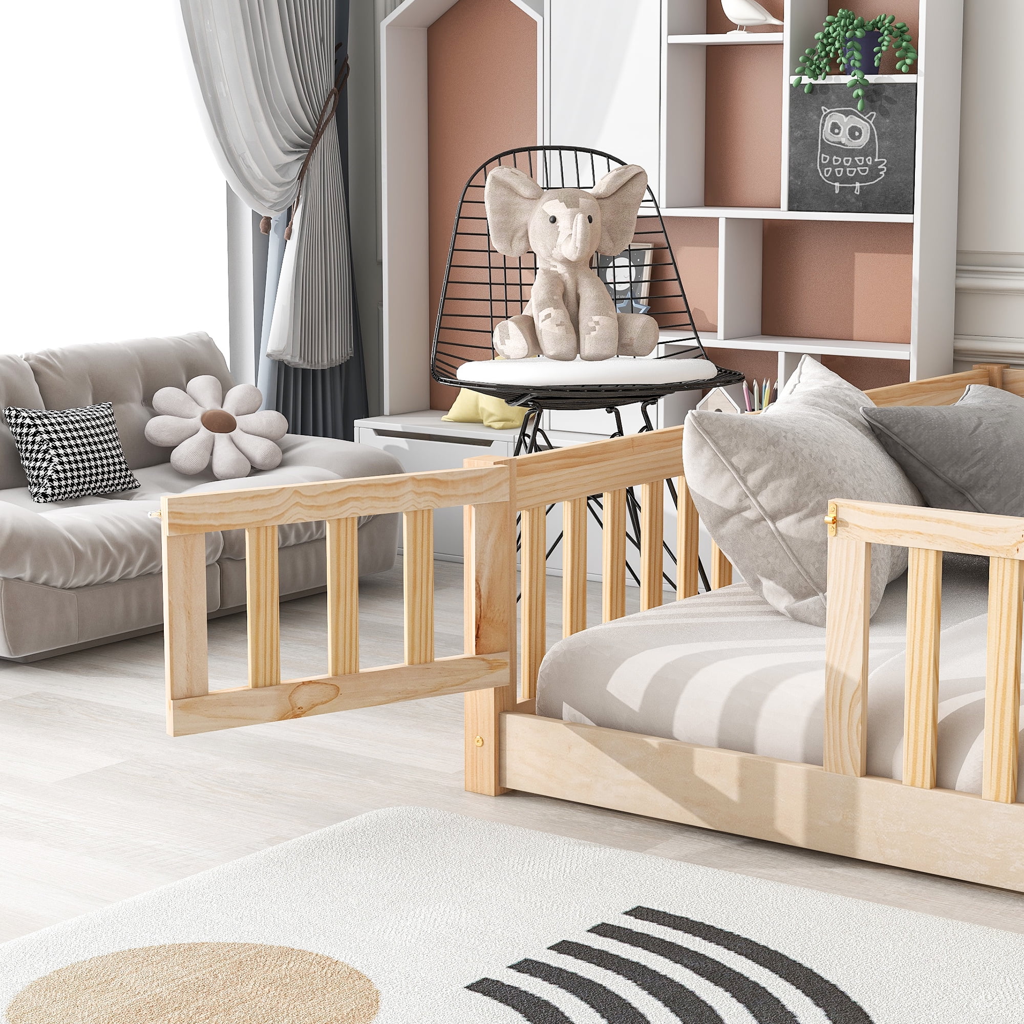 UHOMEPRO Queen Size Floor Bed with Door and Fence for Kids, Toddler Bed Montessori Floor Bed with Slats and Safety Guardrails, Solid Wood Queen Bed Frame for Girls Boys Kids Bedroom, Natural