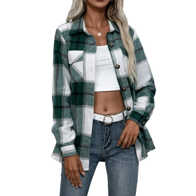 Women Plaid Flannel Shirt Jacket Button Down Lapel Long Sleeve Shacket Cardigan Coats Fall Spring Clothes