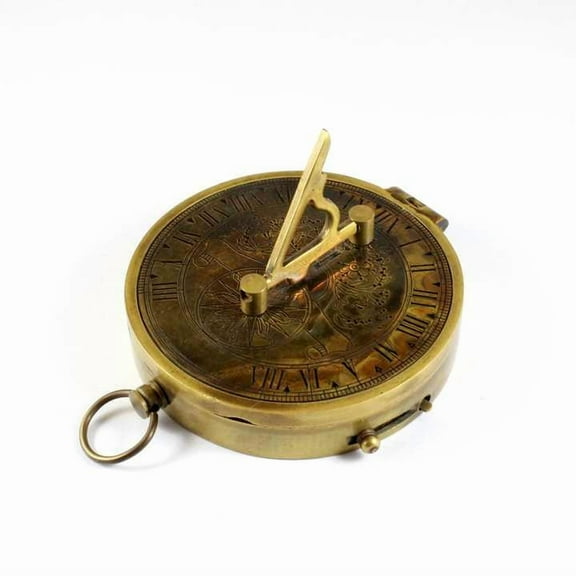 Antique Finish Brass Nautical Sundial Directional Compass in Leather Case Metal and Alloy Material