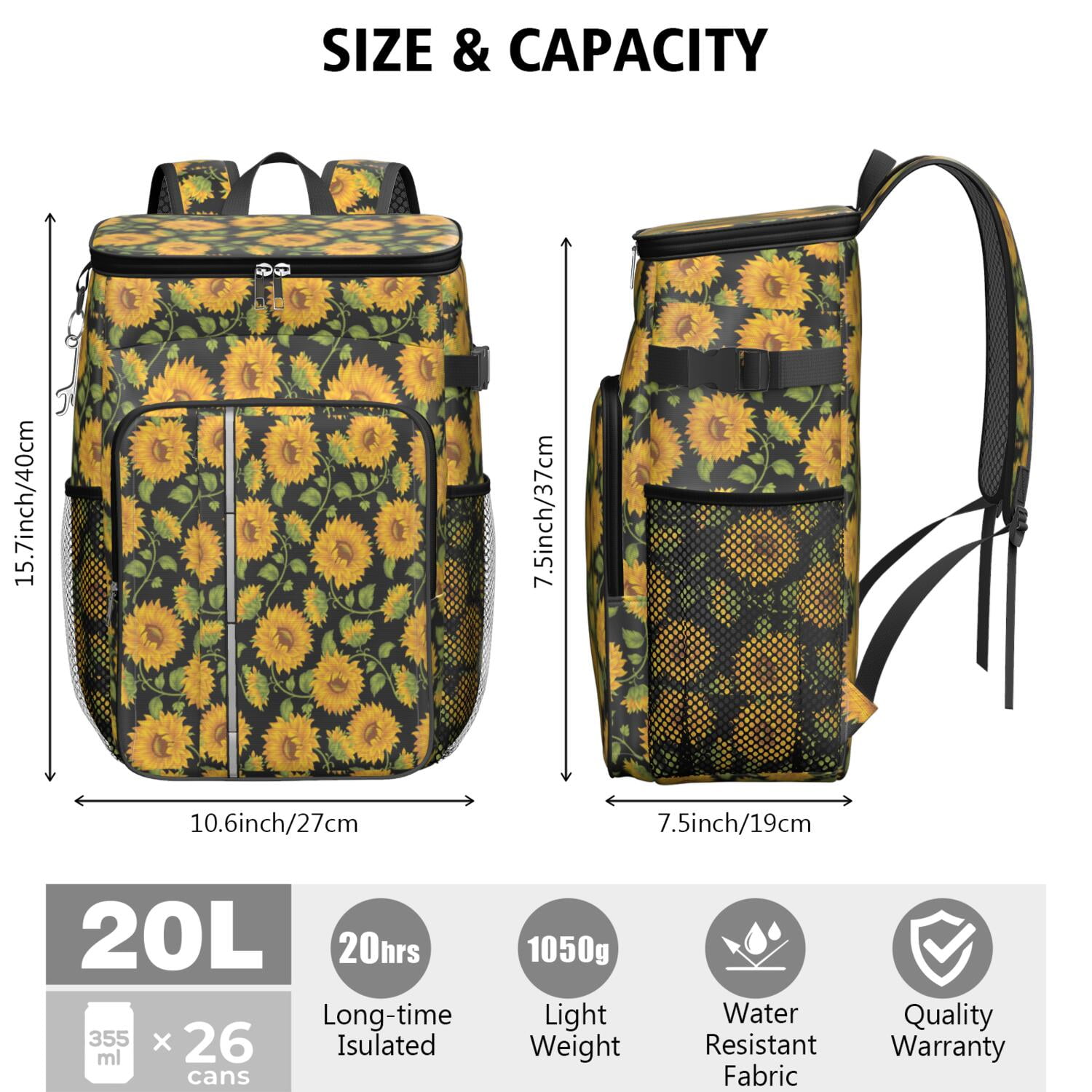 Travel Cooler Bag - Sunflower Camping Beer Cooler Backpack with Bottle Opener- Waterproof Insulated Picnic Backpacks - Cooler Bag for Beach