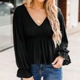 thumbnail image 2 of Top de manga larga con cuello en V, mangas acampanadas, dobladillo con volantes, ajuste holgado, blusa de mujer transpirable para otoño invierno negro S, 2 of 6