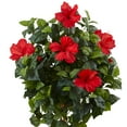 thumbnail image 2 of Nearly Natural 5' Hibiscus Tree Artificial Plant in Decorated Wooden Planter, Green, 2 of 5