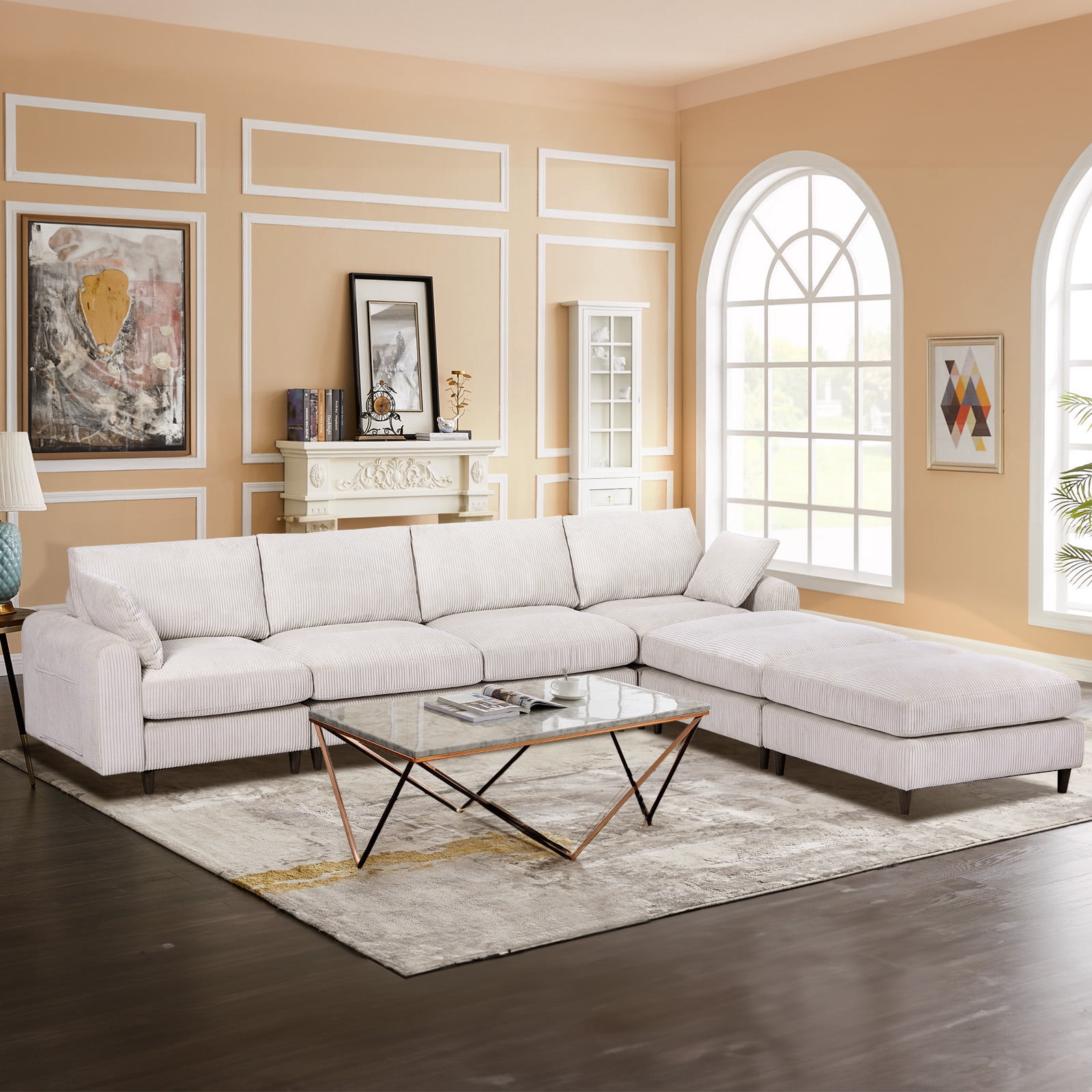Gewnee Corduroy Modular Combination 6 Seat Sofa,U-shaped Foldable L-shaped Sofa Set with Ottomans,Adjustable Headrest,Side Storage Bag,Suitable for Living Room,Apartment,Office.Beige