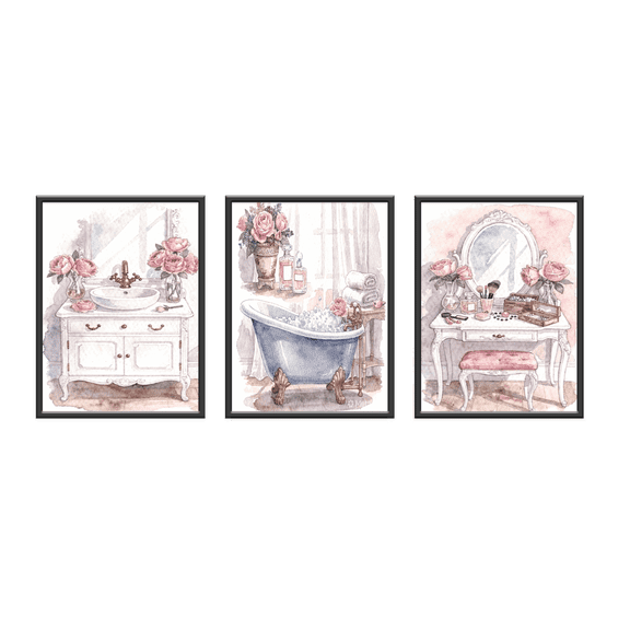Bathroom Wall Art Canvas Print,Vintage Bathtub Art Posters Pink Floral Art,Living Room Bedroom Bathroom Wall Decor,Set of 4(8 * 10inch,Unframed).