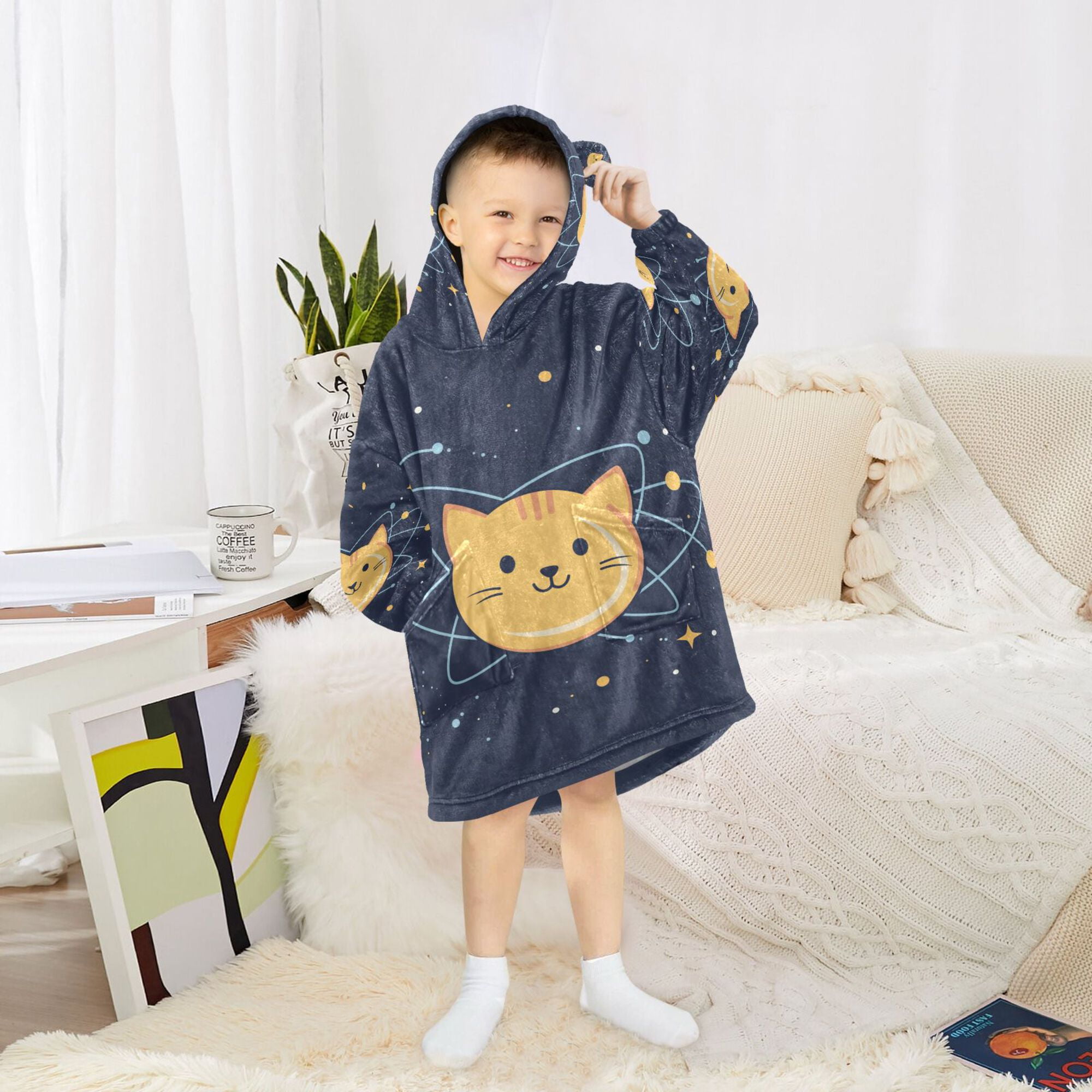 FORMRS Wearable Blanket Hoodie with Sleeves for Kids Cozy Flannel Sweatshirt, Orange Cat Planet