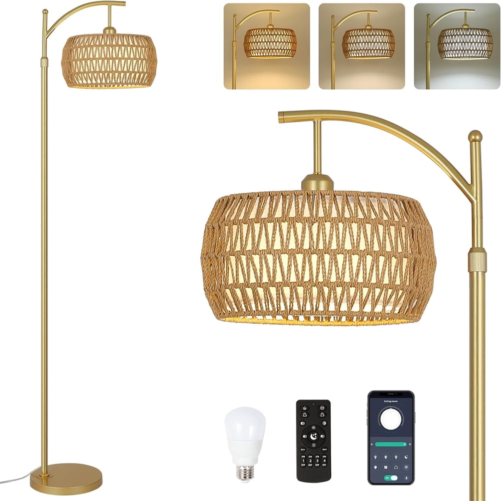 Yesfashion Rattan Floor Lamps For Living Room, Tall Standing Light With Remote Control, 3 Color Temperatures, ON/Off Foot Switch, Rattan & Fabric Shades For Office Bedroom
