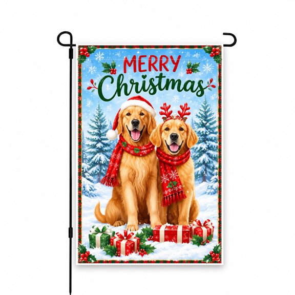 Merry Christmas Garden Flag 12x18 Inch with Golden Retrievers in Santa Hat & Antlers Red & Green for Festive Yard, Lawn, or Patio Décor