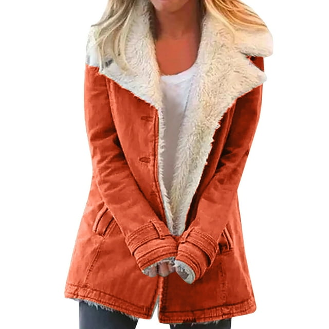 Winter Warm Fleece Lined Jackets For Women Plain Color Jacket With Pockets Button Coats Outerwear