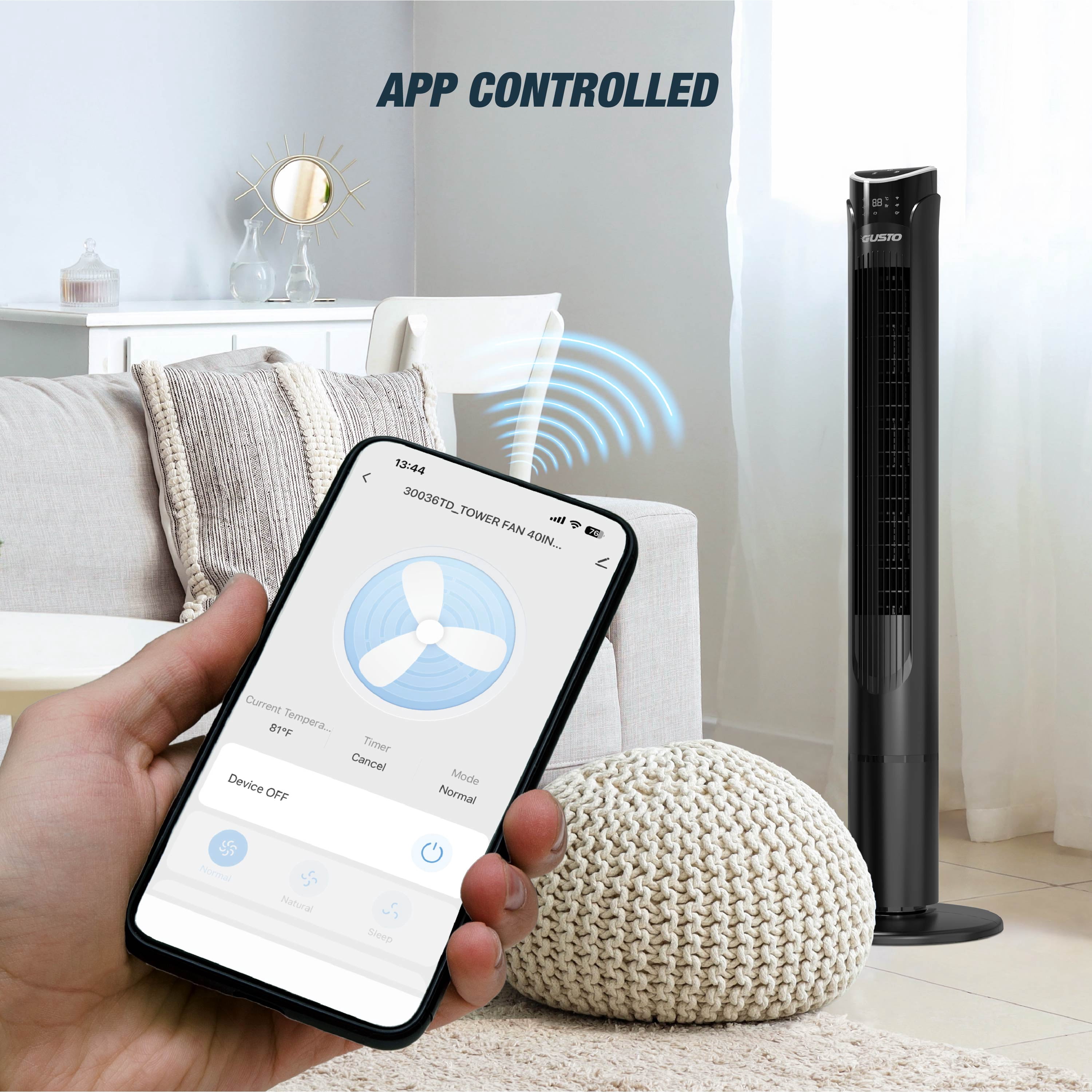 Tzumi 40" Smart Tower Fan, Bladeless Oscillating Standing Floor Fan with Remote, LED Display, and WiFi Function, Black