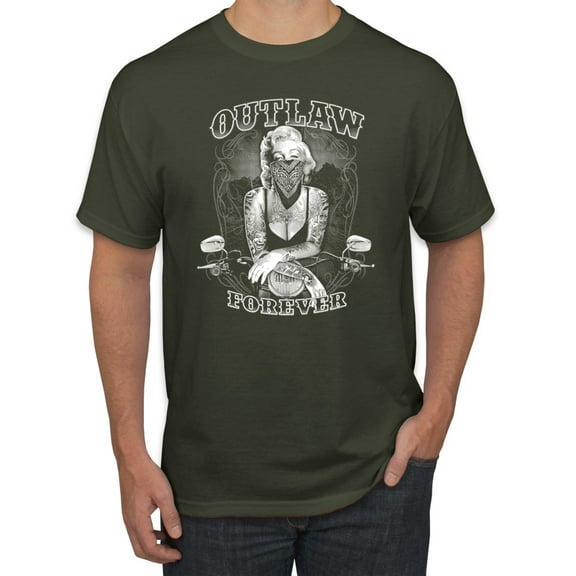 Outlaw Forever Biker Marilyn Monore | Mens Famous People Graphic T-Shirt, Military Green, Medium