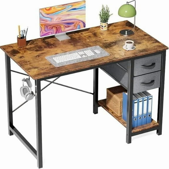 LIFERECORD Small Computer Desk with Storage Shelf 40x24 Inch Writing Work Study Desk for Home Office Bedroom 2-Tier Drawers Side Headphone Hook Modern Style Rust Brown
