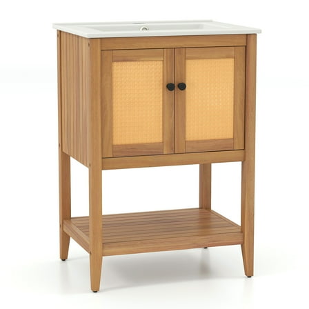 Gymax 24'' Bathroom Vanity w/ Sink 2 Rattan Doors & Open Slatted Shelf Freestanding