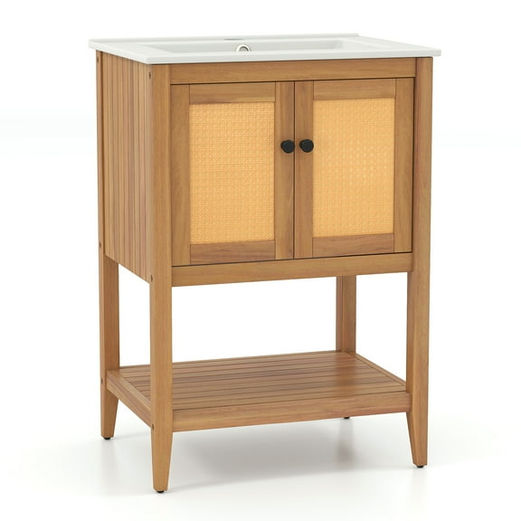 Gymax 24'' Bathroom Vanity w/ Sink 2 Rattan Doors & Open Slatted Shelf Freestanding