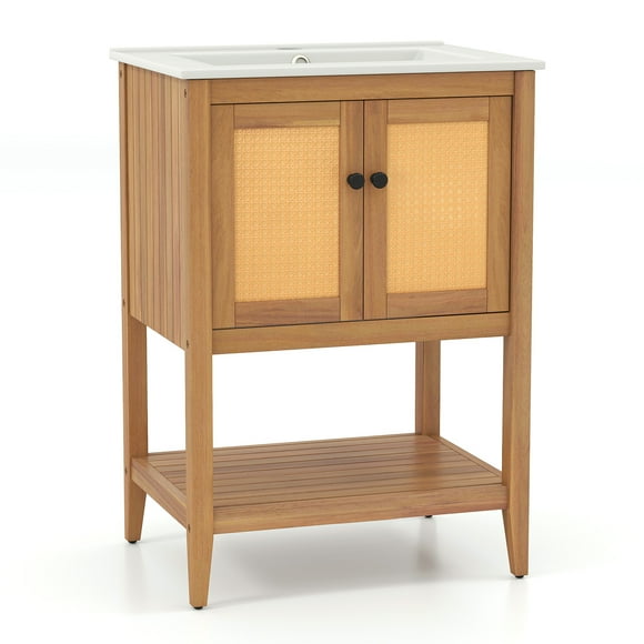 Gymax 24'' Bathroom Vanity w/ Sink 2 Rattan Doors & Open Slatted Shelf Freestanding