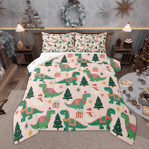 Manfei Funny Xmas Dinosaur Bedding Comforter Set for Kids, Merry Christmas Twin Comforter Sets, Snowman Snowflake Bedding Set, Ultra Soft Home Decor, Reversible 2-Piece