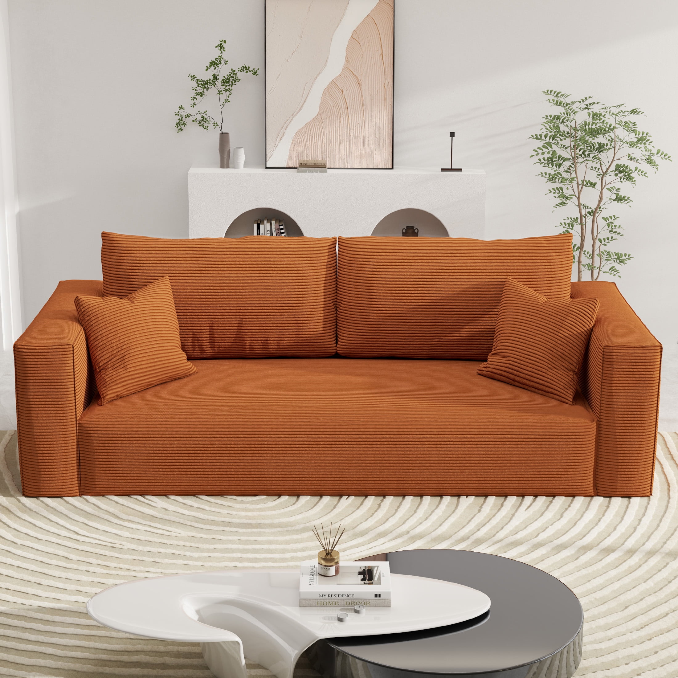 DEALTOPS 88" Loveseat Sofa, 3 Seater Pure Sponge Foam, Corduroy for Living Room, Easy Assembly，Orange
