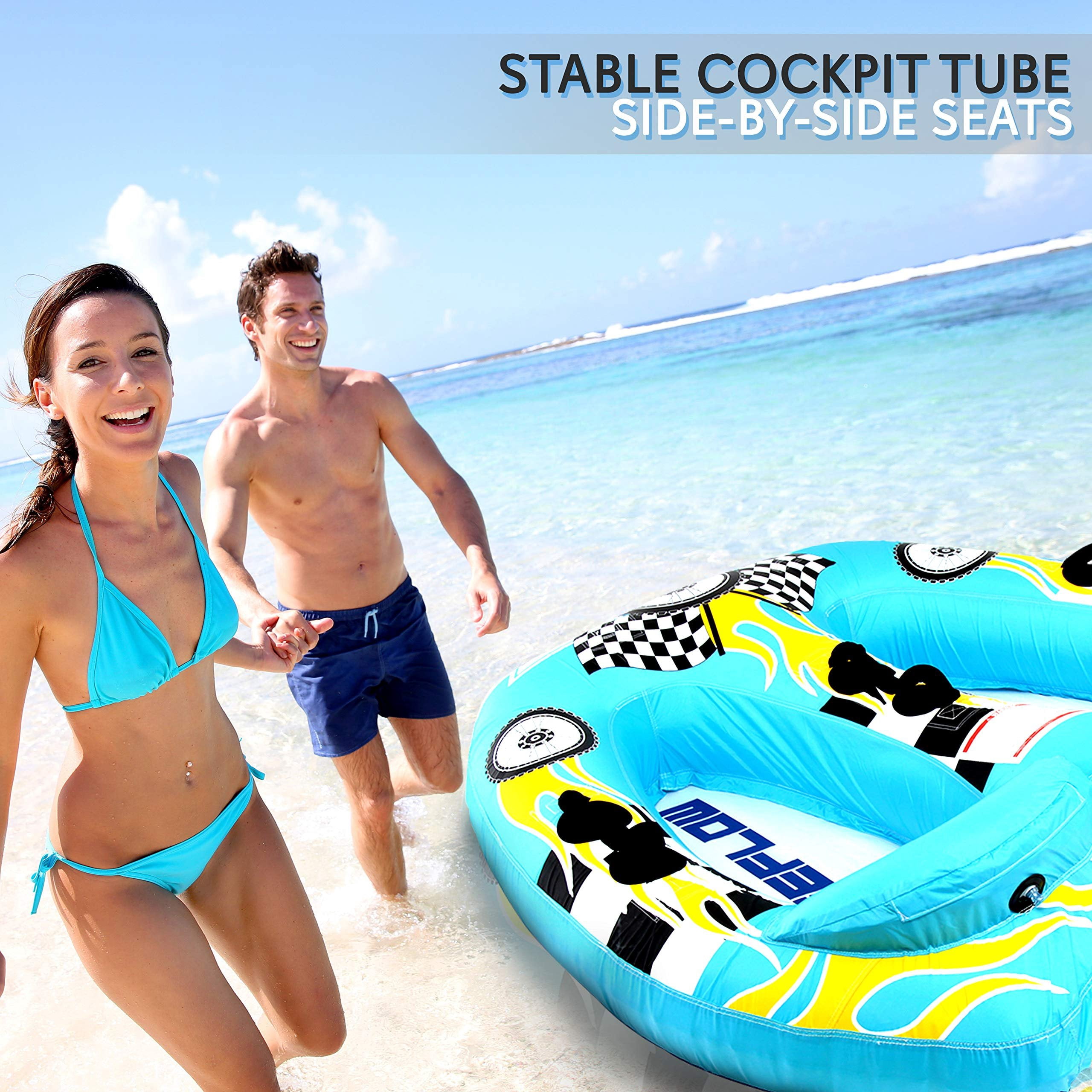 Watersports Inflatable Towable Booster Tube - Two Person Water Boating Float Tow Raft, Inflatable Pull Boats/Tubes/Towables w/Dual Seats, PVC Bladder, Foam Pad, Nylon Handles