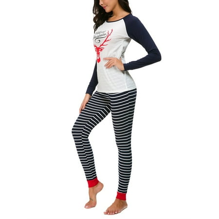

Plus Size Womens Christmas Print Long Sleeve Striped Top+Pants Pajamas Set Sleepwear Nightwear Lounge Wear