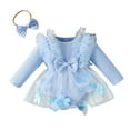 thumbnail image 4 of CAICJ98 Baby Girl Clothes Cute Infant Newborn Girl Fall Spring Outfits Ruffle Long Sleeve Lace One Piece Romper Dress + Headband 2pcs set (Blue,12-18 Months), 4 of 5