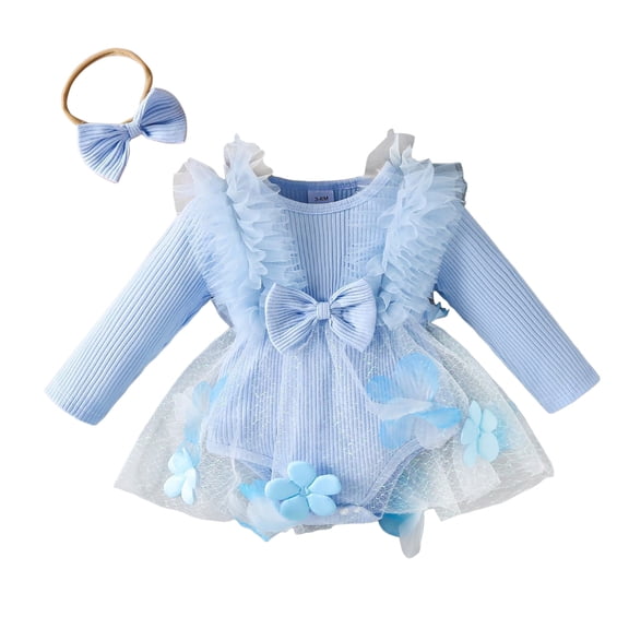 Staki Infant Newborn Baby Girl Fall Winter Outfit Clothes Long Sleeve Lace Trim Mesh Tulle Tutu Romper Dress Birthday Party 0-18M,3-6 Months