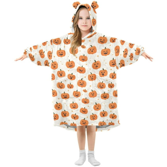 Wearable Blanket Hoodie for Kids Funny Pumpkin Flannel Hooded Blanket with Pockets and Sleeves Suitable for Boys and Girls