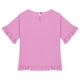 thumbnail image 4 of Faraee Cotton Linen Shirts for Girls 2026 3/4 Sleeve Ruffle Hem Oversized Blouse Kids Loose Fit Crewneck Tops for Summer Beach Vacation 5-15 Years Purple, 4 of 6