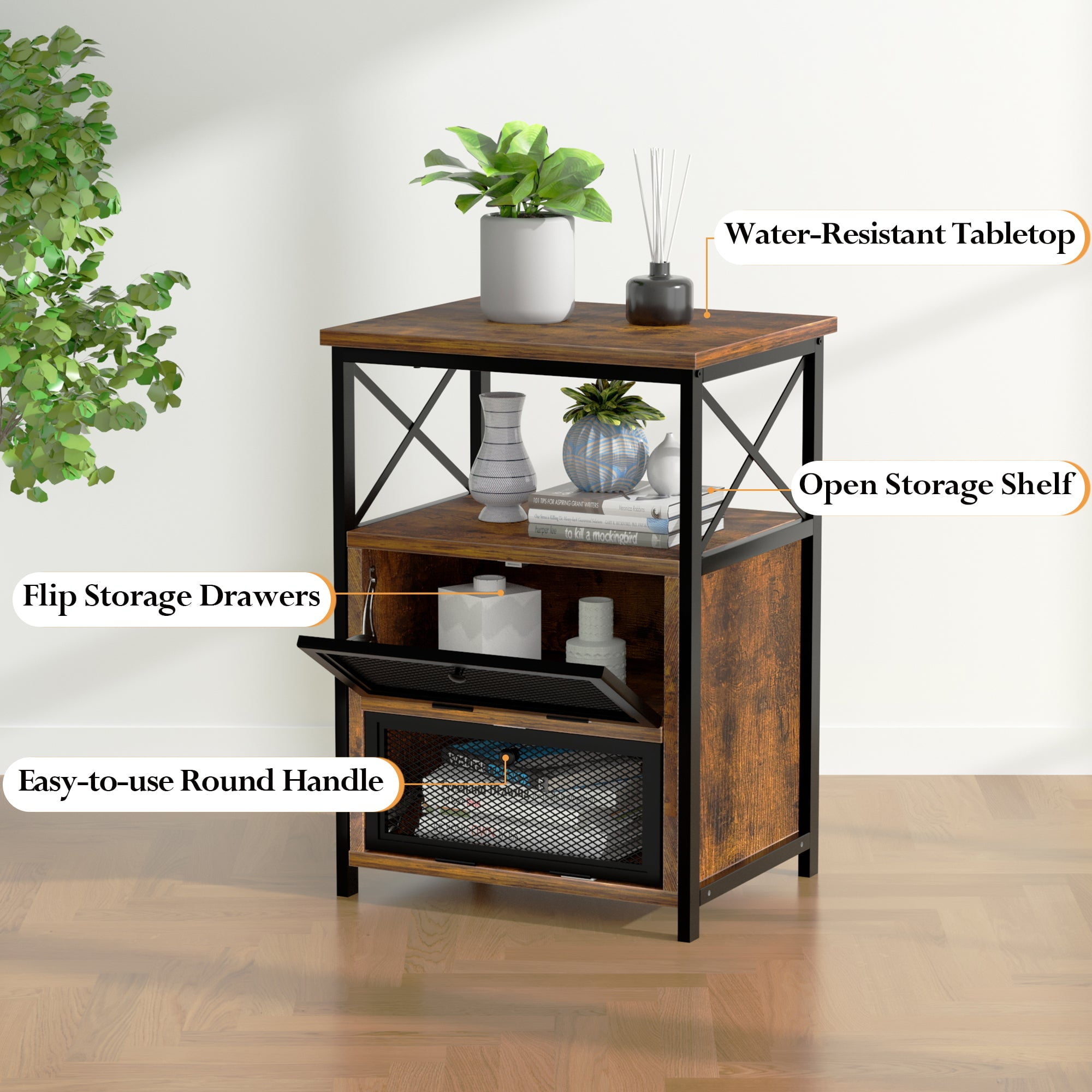 VECELO Set of 2 Nightstands with Flip Doors, Side End Table for Bedroom/Living Room/Office, Brown