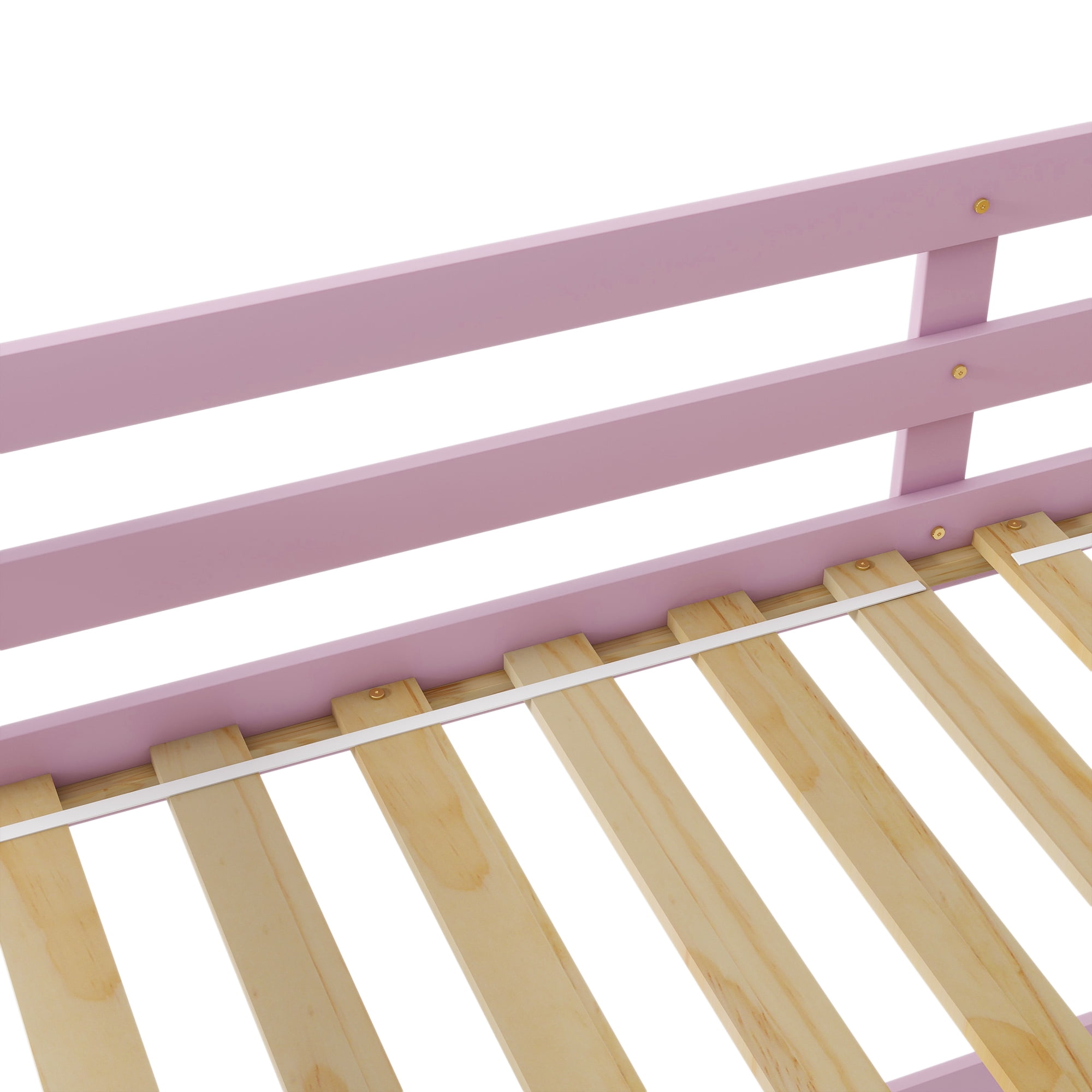 Miniyam Wood Twin over Twin Floor Bunk Bed with Ladder and Guardrails, Pink