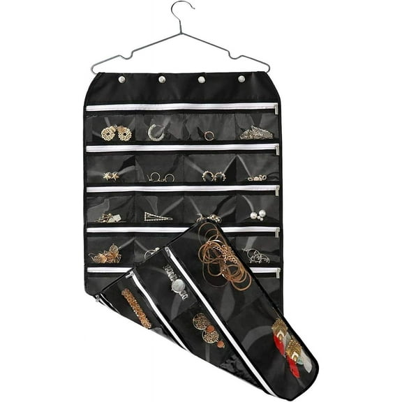 Hanging Jewelry Organizer with Zipper,Dual-Sided 56 Clear Pockets for Earrings Necklace Bracelet Ring Accessory Display (Black) Black