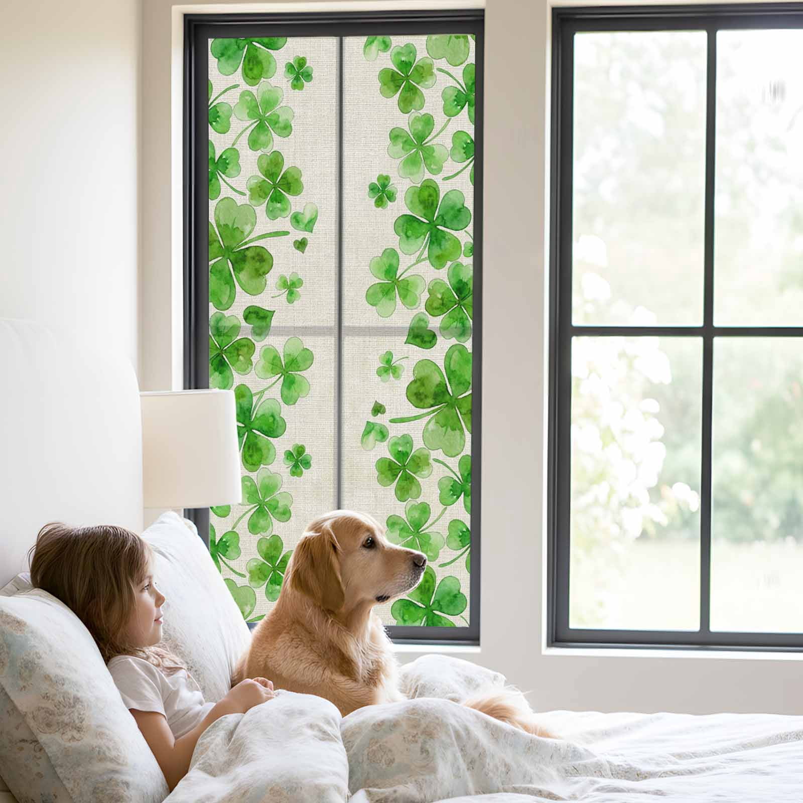 St. Patrick's Day Window Privacy Film, Watercolor Lucky Clovers Green Rustic Static Cling UV Sun Blocking Tint Film Heat Control Windows Films for Bedroom Bathroom, Window Stickers 23.6"x59"