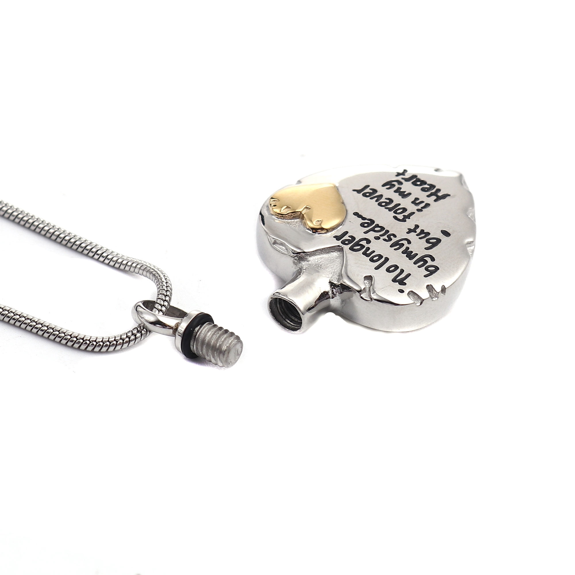 "No Longer by My Side but Forever in My Heart " Silver Heart Cremation Urn Jewelry for Ashes Urn Memorial Pendant Necklace for Ashes with Free Beautiful Velvet Jewelry Box and Fill Kit
