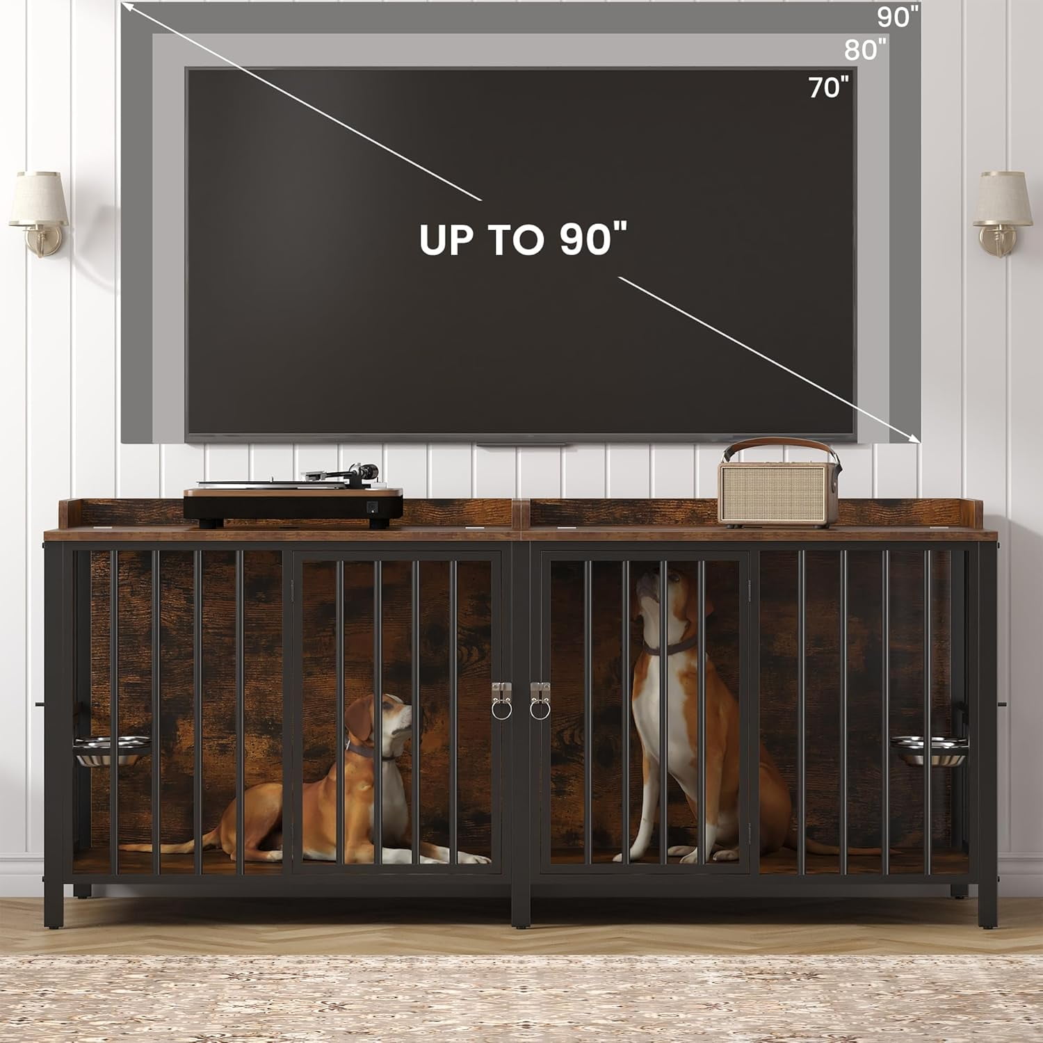 Frmobepts 78 Inch Double Dog Crate Furniture, Heavy Duty Extra Large Cage Furniture with Divider for 2 Dogs, Decorative Wooden Kennel Furniture Indoor, Metal Pet House for Large and Medium Dogs