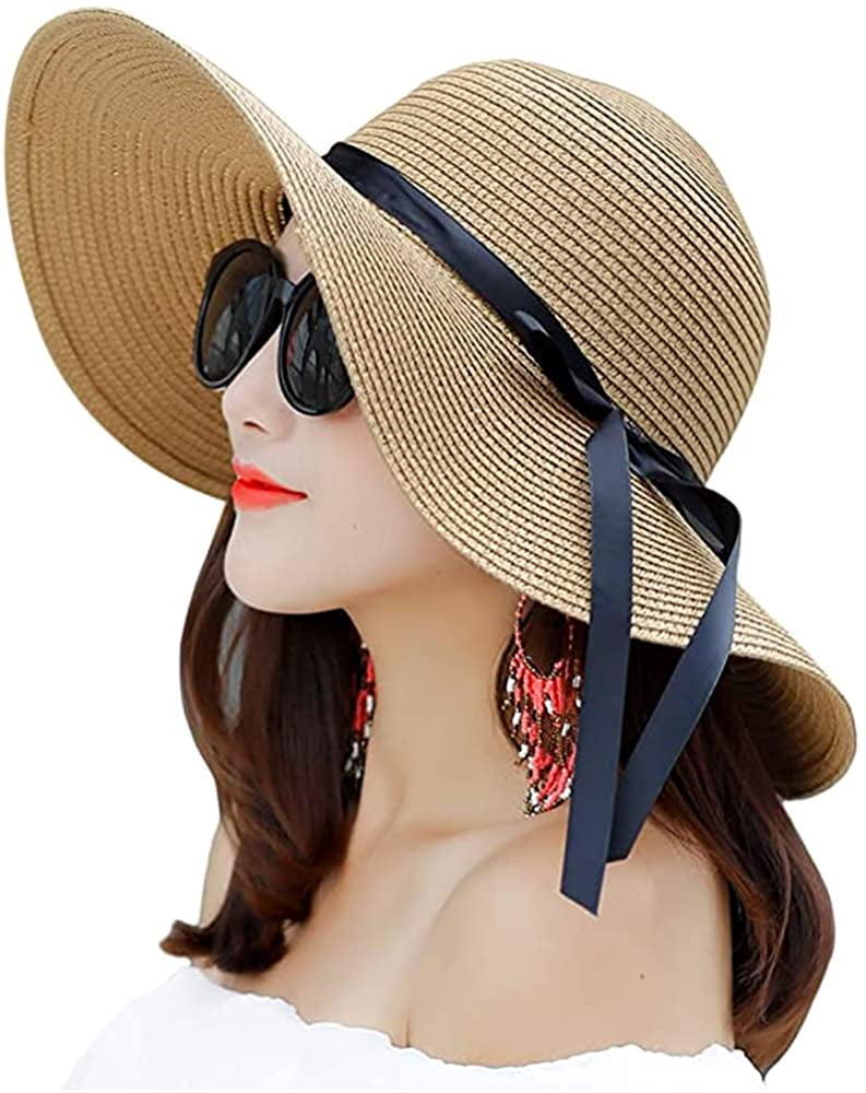 Womens Beach Hat Sun Hats Straw Wide Brim Hat Women Floppy Foldable Summer Hats with UV UPF 50 Protection