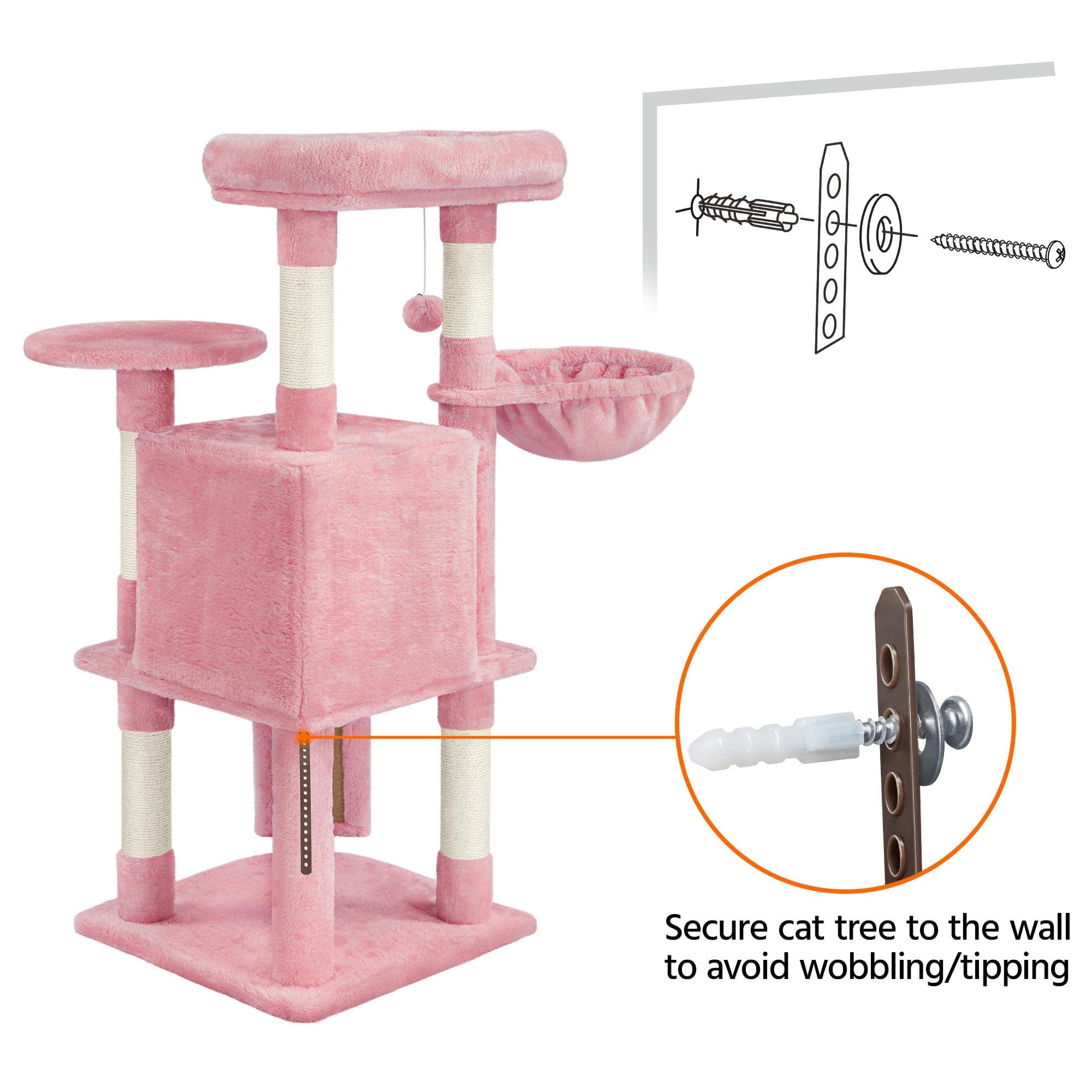 Indoor Cat Tree 42in Tall, Multi-Level Cat Condo with Hammock Perch Scratching Posts, Plush Basket Activity Center, Pet Furniture for Small Cats, Pink