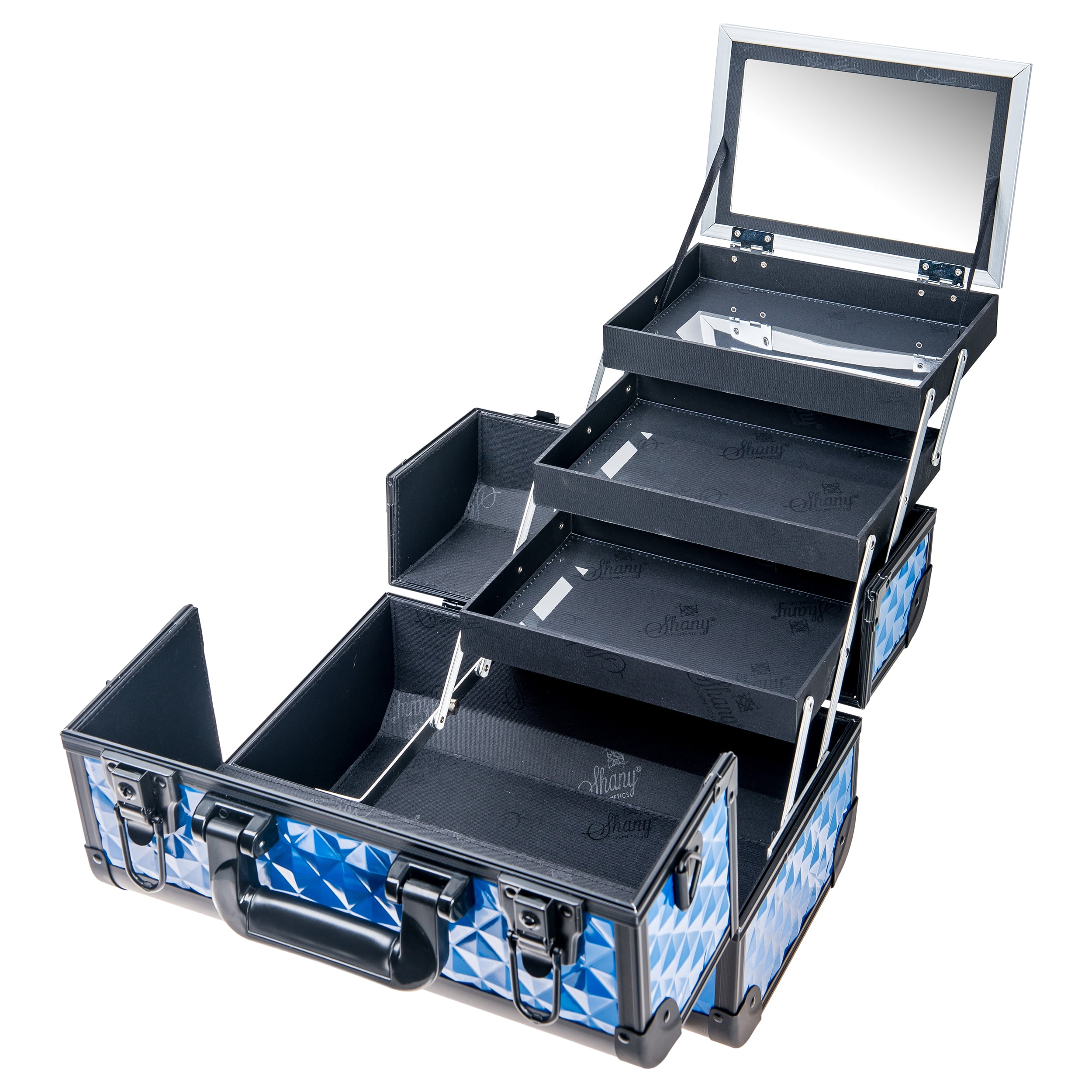 SHANY Premier Fantasy Professional Makeup Train Case Cosmetic Box Portable Makeup Case Organizer Jewelry storage with Locks , 3 Trays ,Makeup Brush Holder and Cosmetics Mirror - Royal Blue