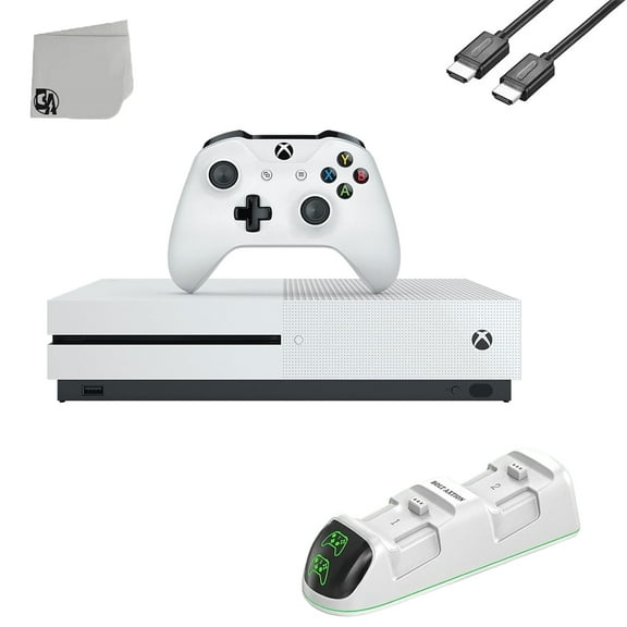Pre-Owned Microsoft Xbox One S 500GB Gaming Console White with HDMI Cable   Controller Charging Station BOLT AXTION Bundle Used