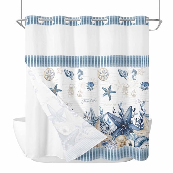 Blue Coastal Starfish No Hook Shower Curtain with Snap in Liner, Waterproof Fabric Shower Curtains, Summer Beach Coral Shell Nautical Shower Curtain Set Top See Through for Bathroom 72"x72"