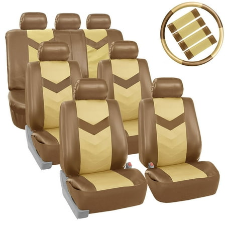 FH Group Synthetic Leather Auto Seat Cover, 7 Seater SUV VAN Full Set With Steering and Belt Pads, Beige and