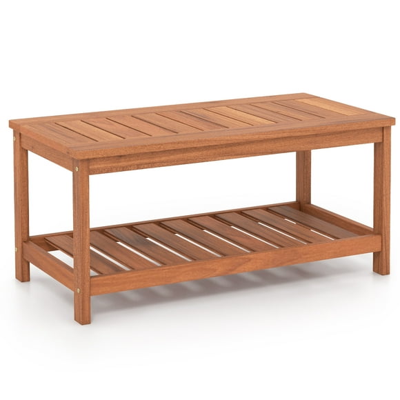 Topbuy Patio Hardwood Coffee Table 2-Tier Wooden Coffee Table with Slatted Tabletop & Storage Shelf Outdoor Rectangular Cocktail Table
