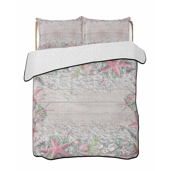 Quilts King Size Bedding Set, Summer Beach Lightweight Quilted Comforter, Pink Starfish Ocean Conch Grey Wood Grain Soft Reversible Bedspread Coverlet with Pillow Covers for All Season, 96" x 106"