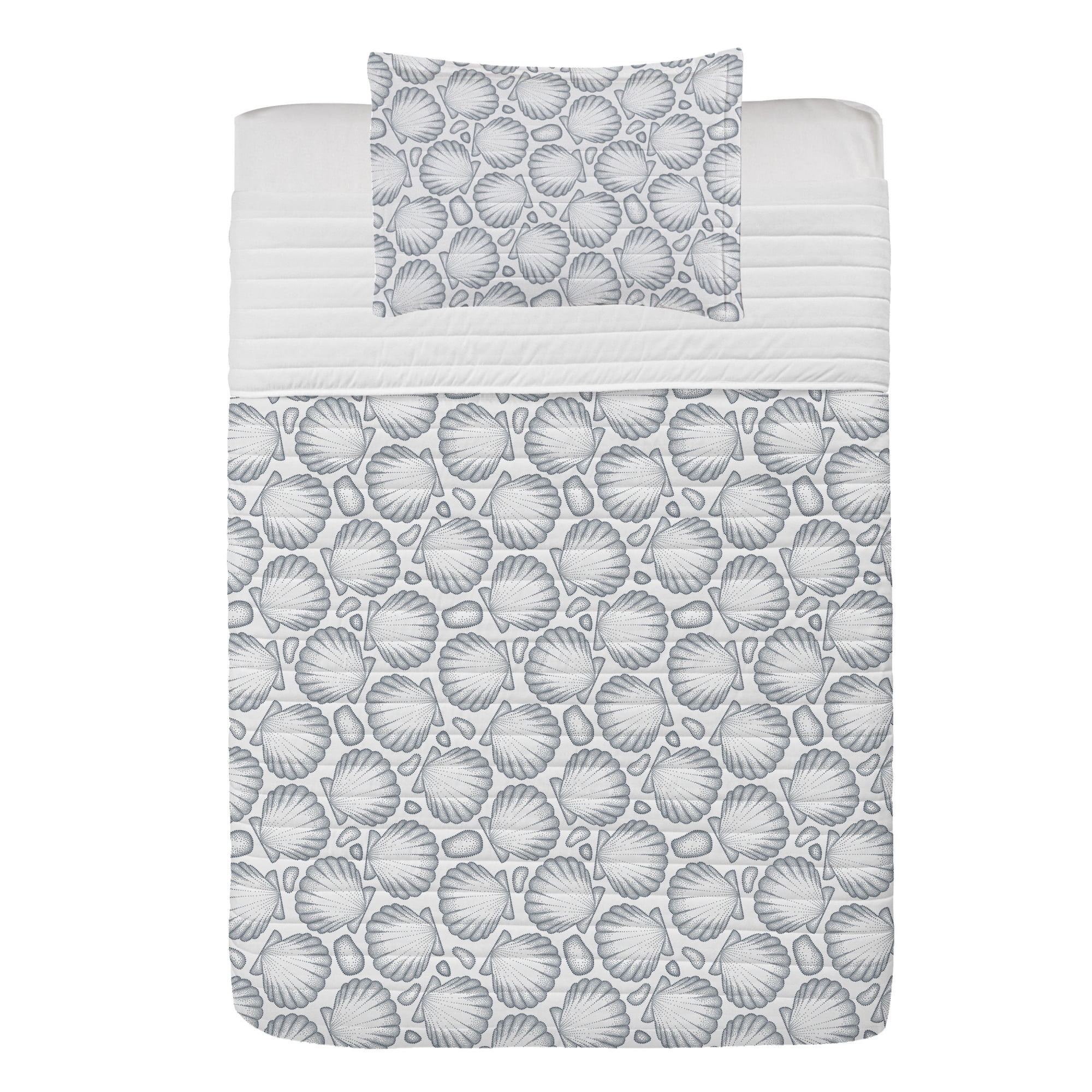 Shells Microfiber Bedspread Set, Pointilist Style Dotwork Outline Scallops Seashells and Tiny Sea Stones, Soft Bedding Set with Pillow Shams & Comforter, 3 Sizes, Night Blue and White, by Ambesonne