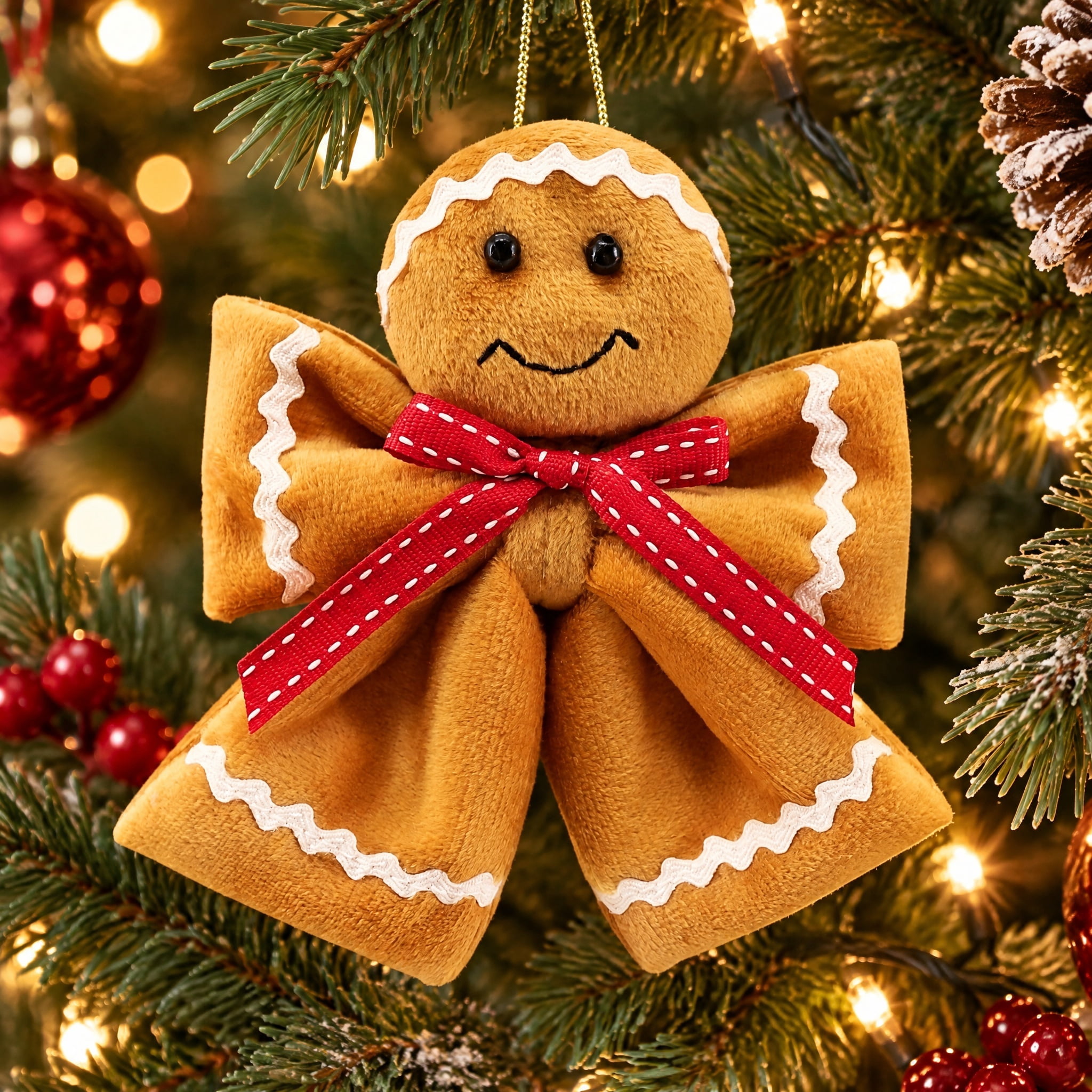 Brown Fabric Gingerbread Man Bow Christmas Ornament, 6", by Holiday Time