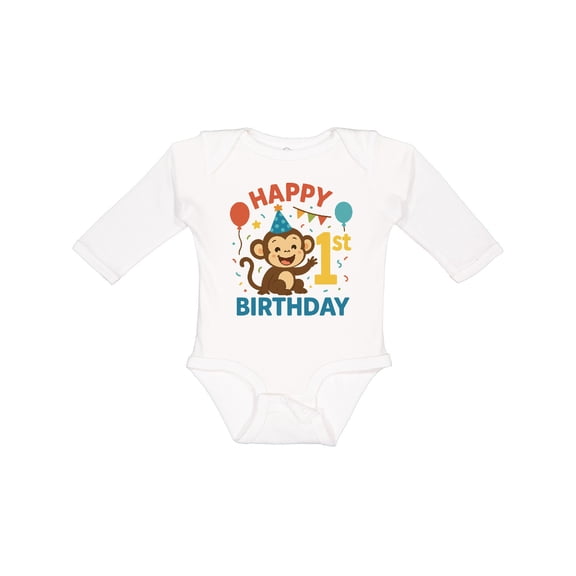 Inktastic Happy 1st Birthday Monkey Party Theme Boys or Girls Long Sleeve Baby Bodysuit