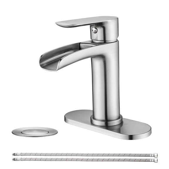 JERFIT Modern Single Handle Waterfall Bathroom Sink Faucet with Pop-Up Drain, Brushed Nickel, Solid Brass Construction for 1 or 3 Hole Vanity