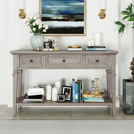CoSoTower Classic Wood Console Table, Retro Style Sofa Couch Table with Three Top Drawers and Open Style Bottom Shelf, Entryway Side Table for Living Room/Hallway