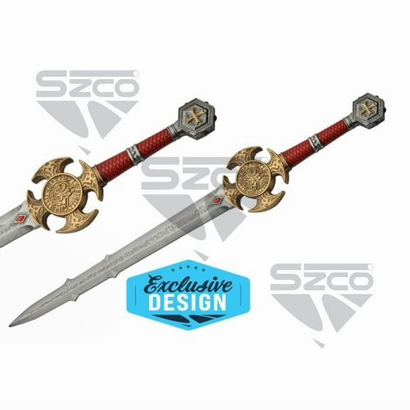 SZCO 35.5" Red Medieval Templar Foam Sword, Polyurethane Latex Costume Prop with Gold Detailing