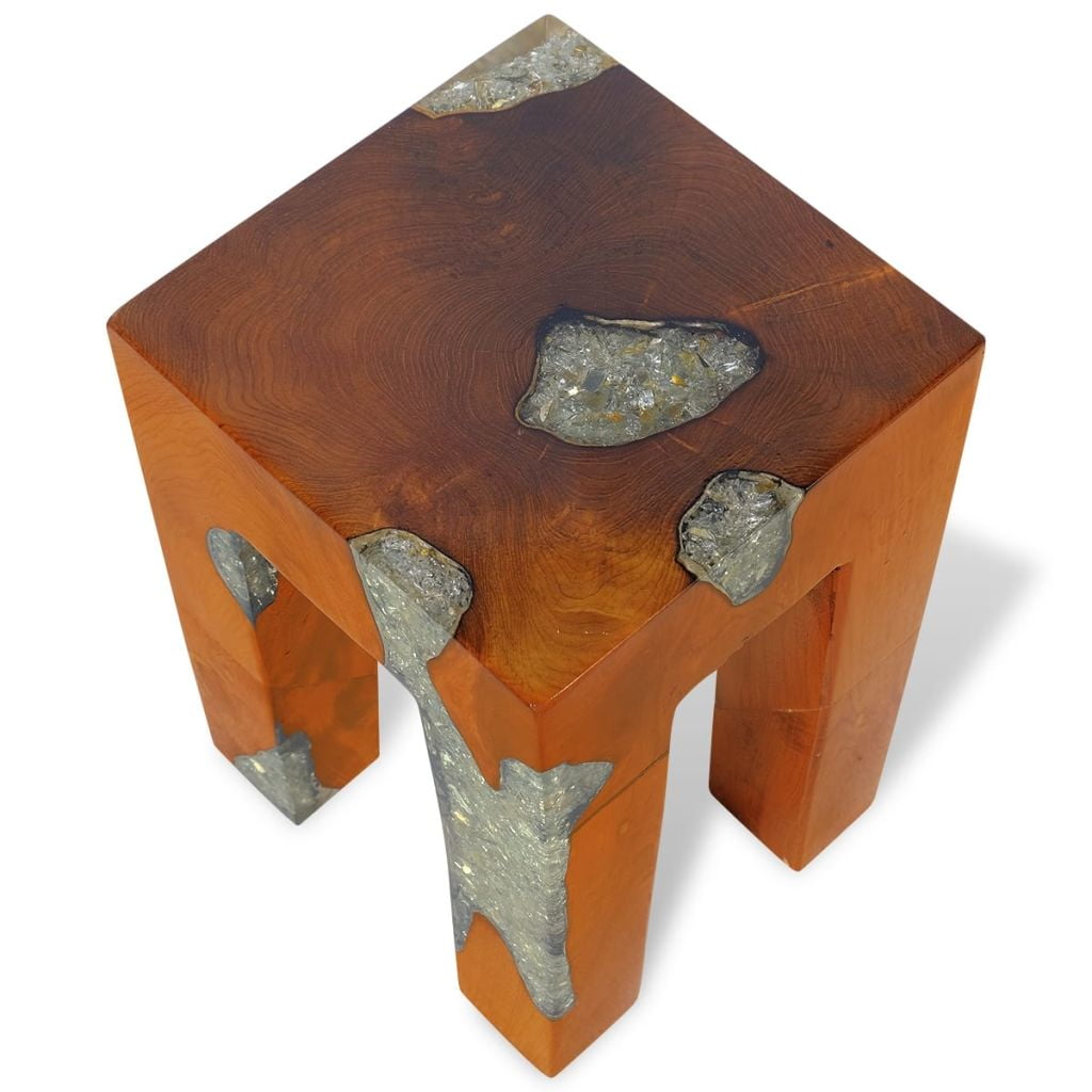 Kepooman 11.8" Modern Solid Teak Wood Square Stool Coffee Table for Patio Living Room Bedroom, Brown